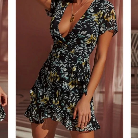 Gypsy Love Wrap Mini Dress Ruffle Boho Black - Picture 2 of 8